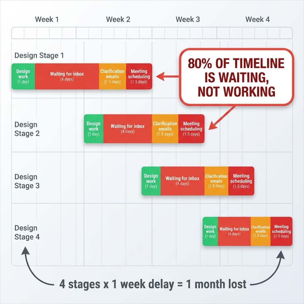 Gantt chart showing design review delays and bottlenecks