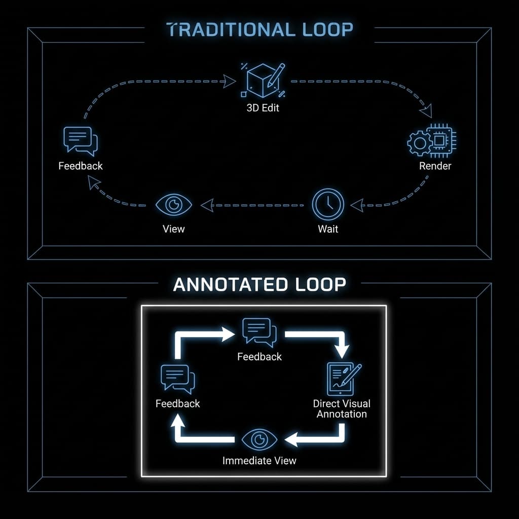 Diagram contrasting annotated vs re-render loops