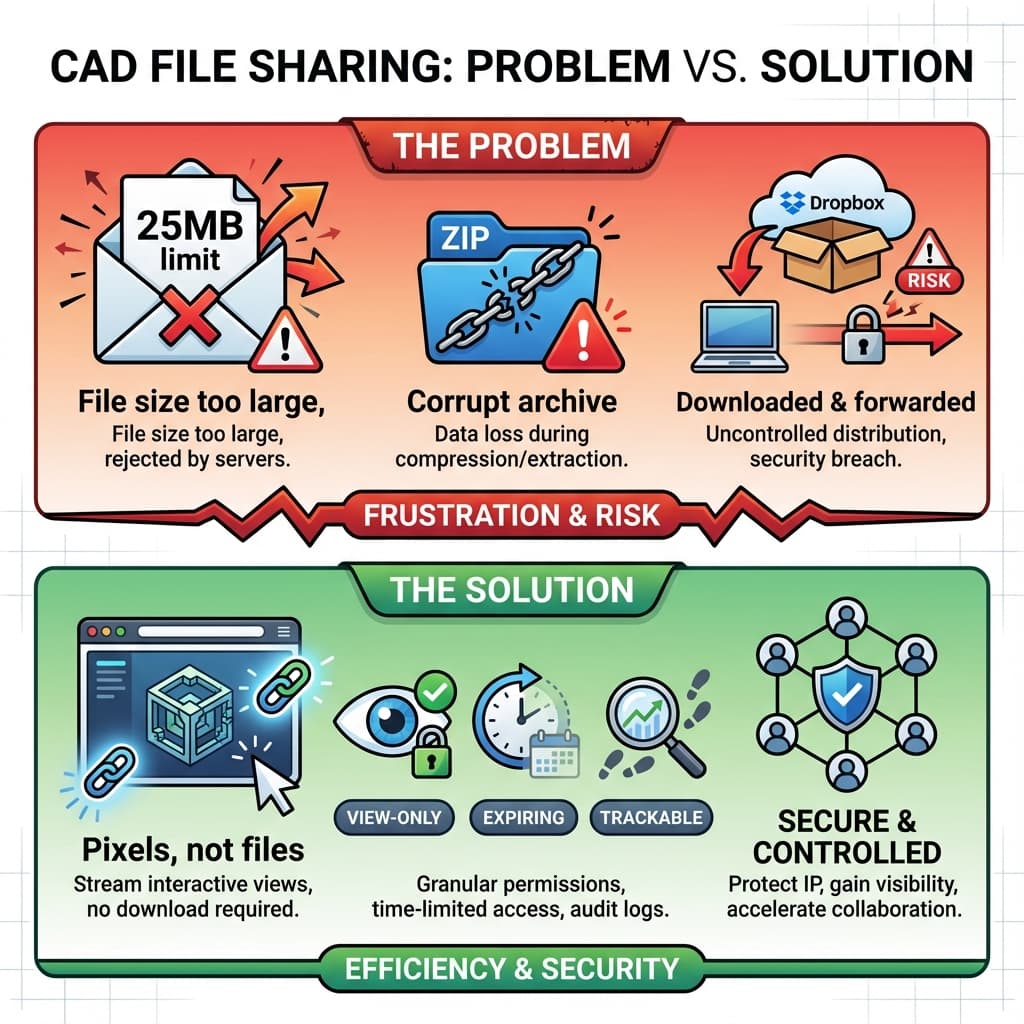 Illustration of file sharing problems: size limits, version mismatch, IP risk