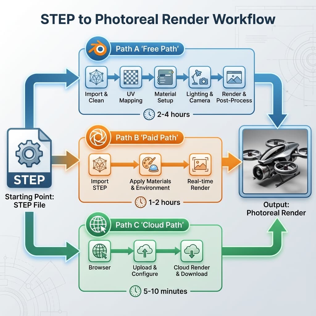 Flowchart showing 3 paths from STEP file to render: Blender, KeyShot, Cloud