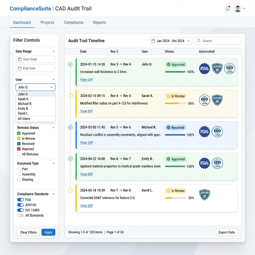 Dashboard showing CAD audit logs and compliance tracking