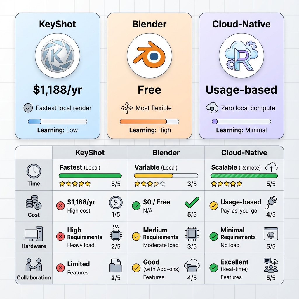 Comparison matrix of KeyShot vs Blender vs Reific features and costs